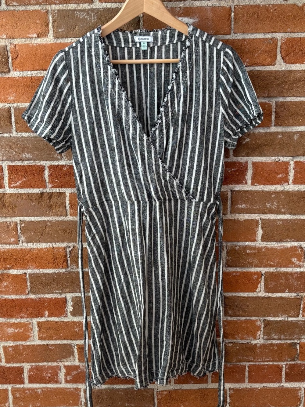 Susina Surplice Faux Wrap Dress Black / White Stripe Size M